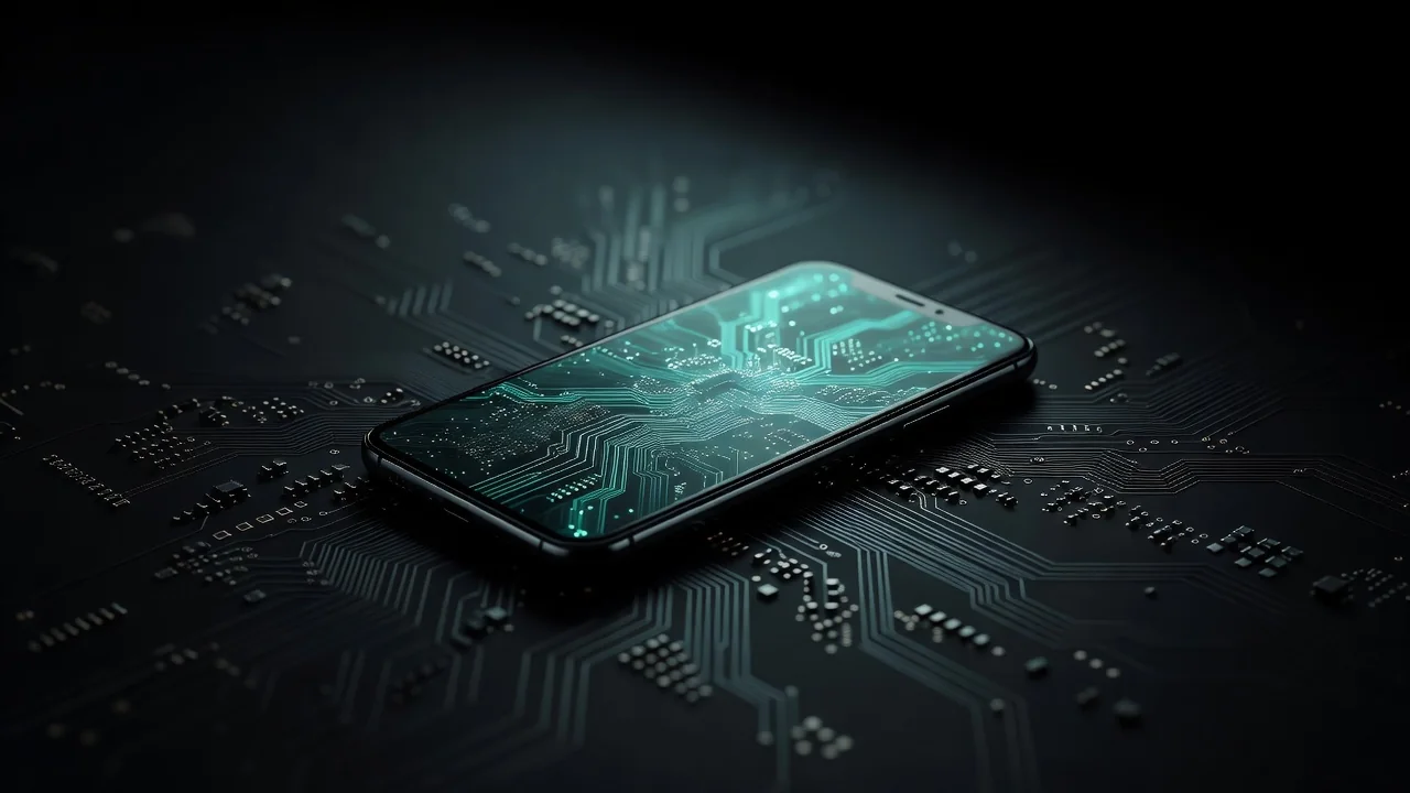 A smartphone lying on a dark circuit-board pattern surface with a teal glow