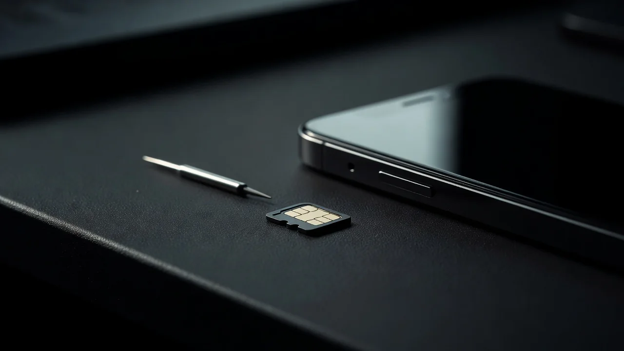 A micro memory card and a SIM ejector pin next to a smartphone, extreme macro