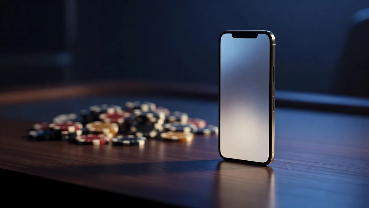 A smartphone standing upright on a desk with blurred casino chips behind it