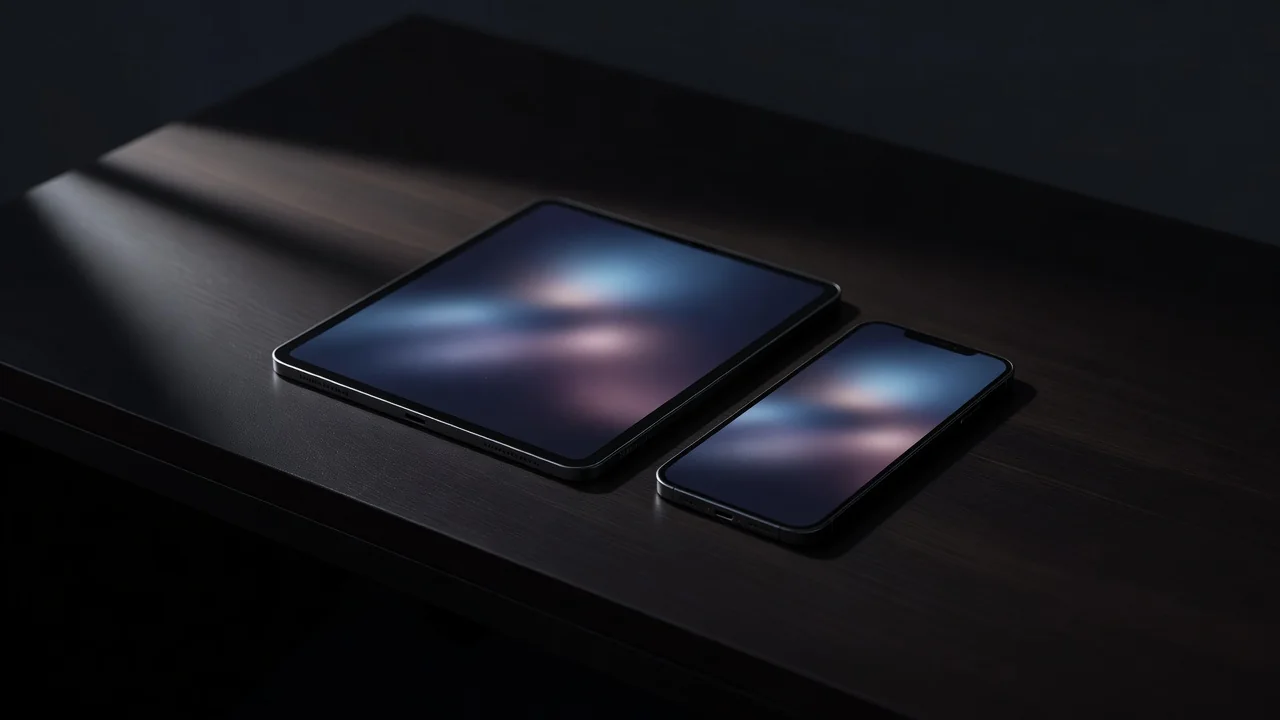 A tablet and a smartphone side by side on a dark desk, screens glowing softly