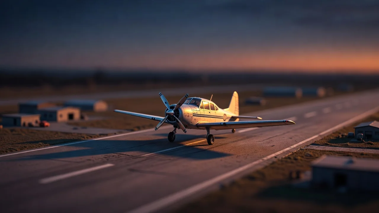 A small model propeller airplane on a miniature runway at dusk