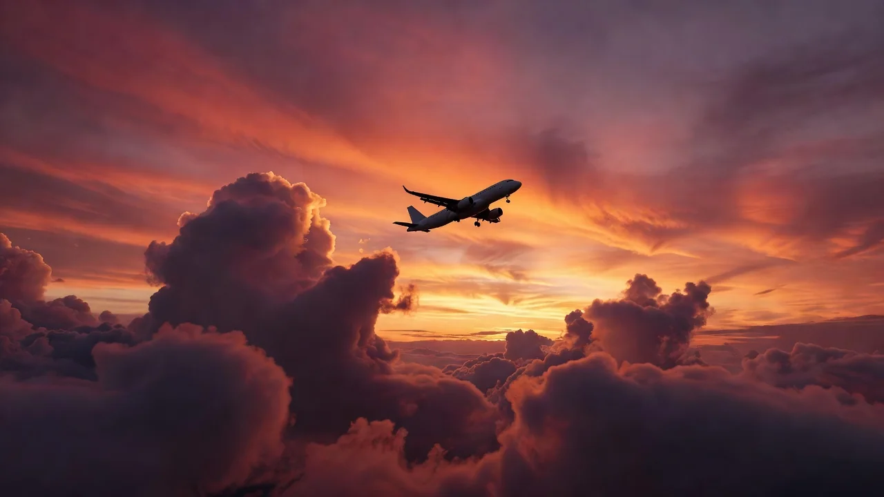 An airplane silhouette climbing into a bright sunset sky