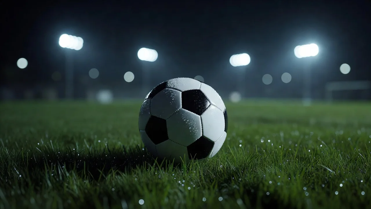 A football on wet grass with stadium floodlights blurred in the night background