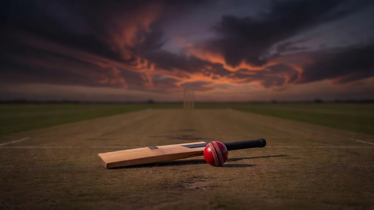 A cricket bat and a red leather ball on a pitch at dusk