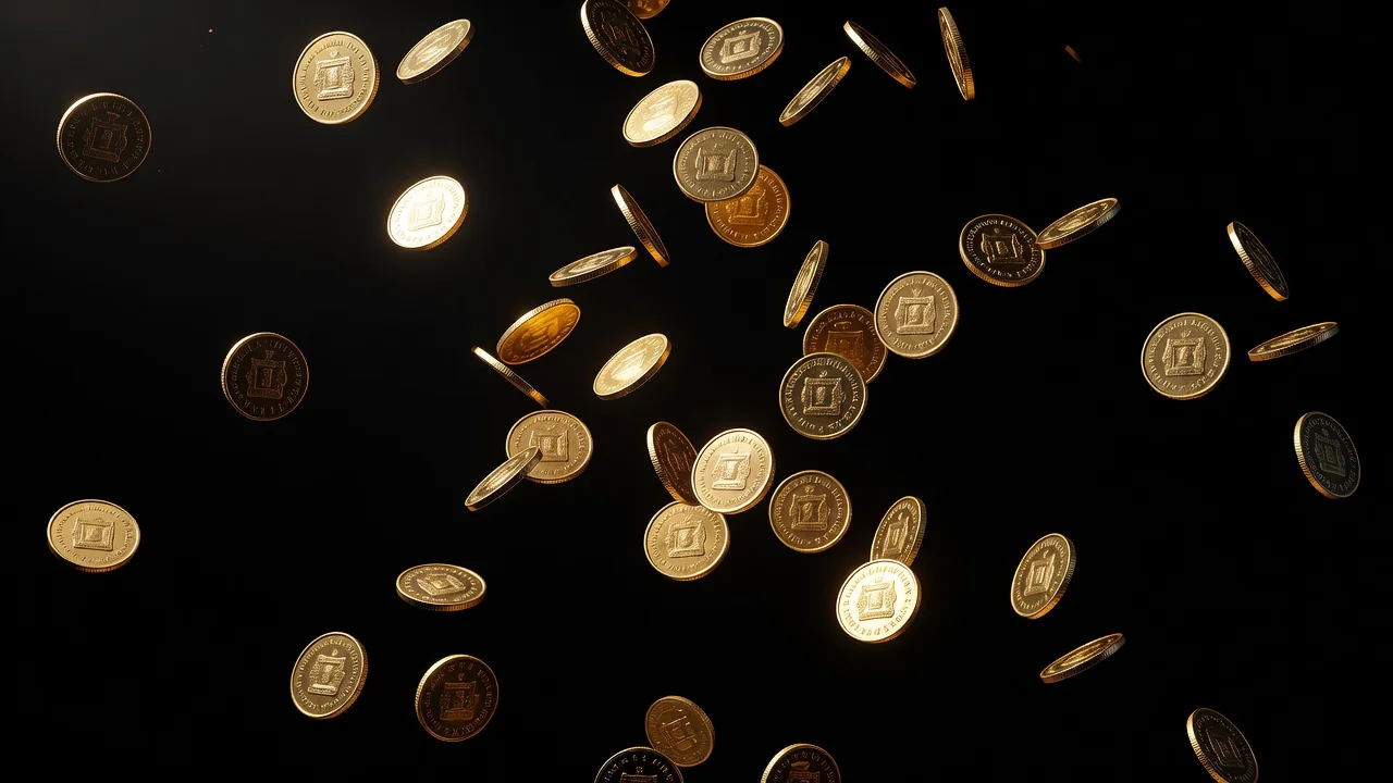 Golden coins frozen mid-air as they fall over a black background