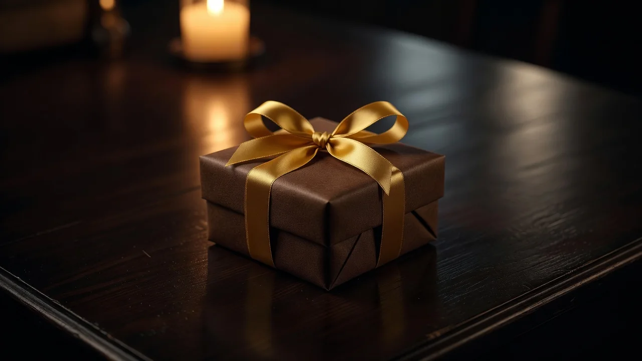A small gift box with a golden ribbon on a dark wooden table
