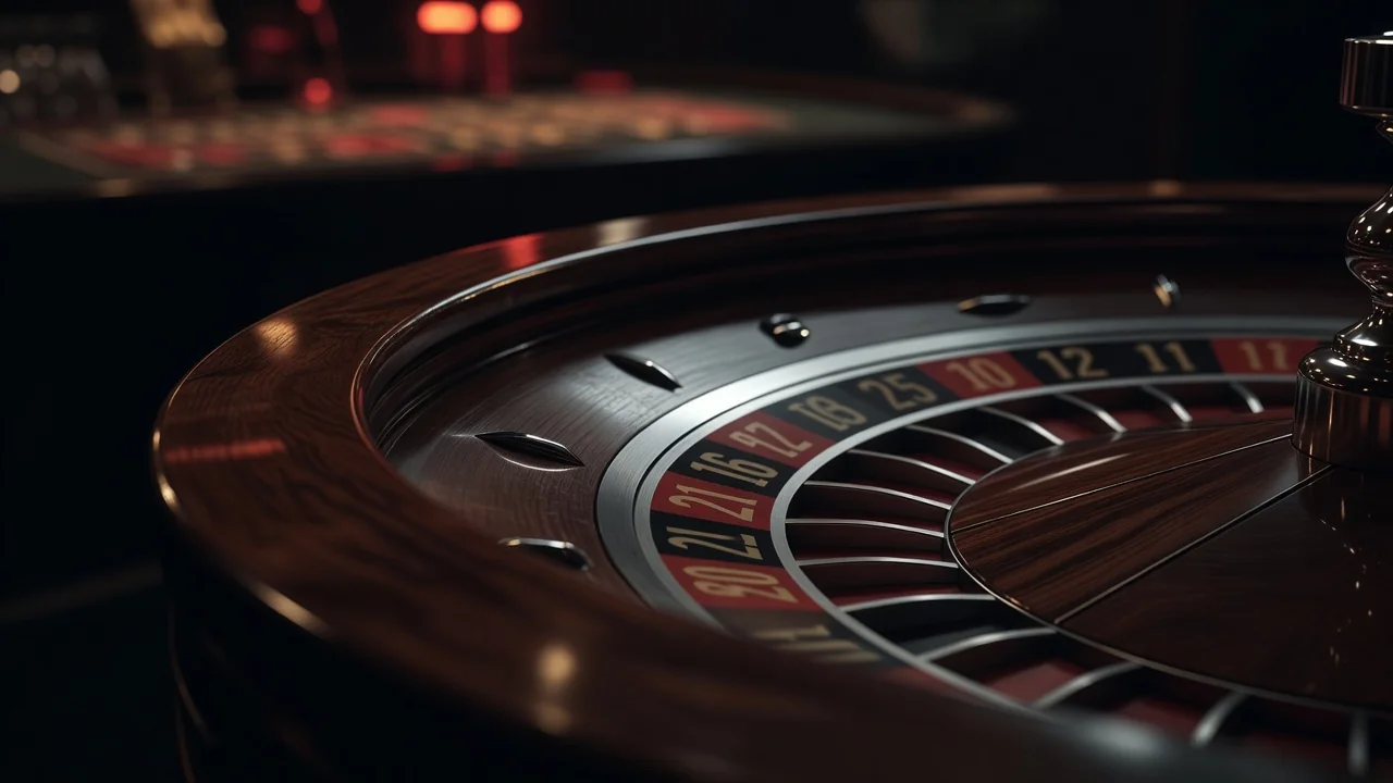 A roulette wheel rim and metal track in extreme close-up, dark casino ambience