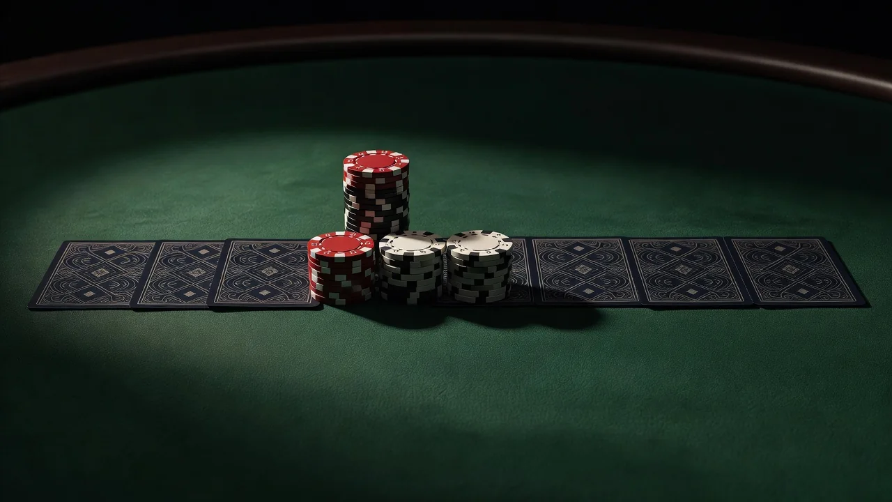 Face-down playing cards and a neat chip stack on a green blackjack table