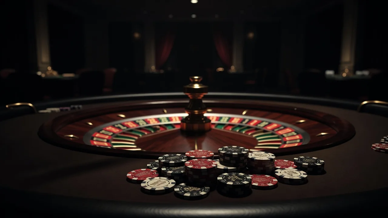 Casino chips sharp in the foreground with a blurred roulette wheel behind
