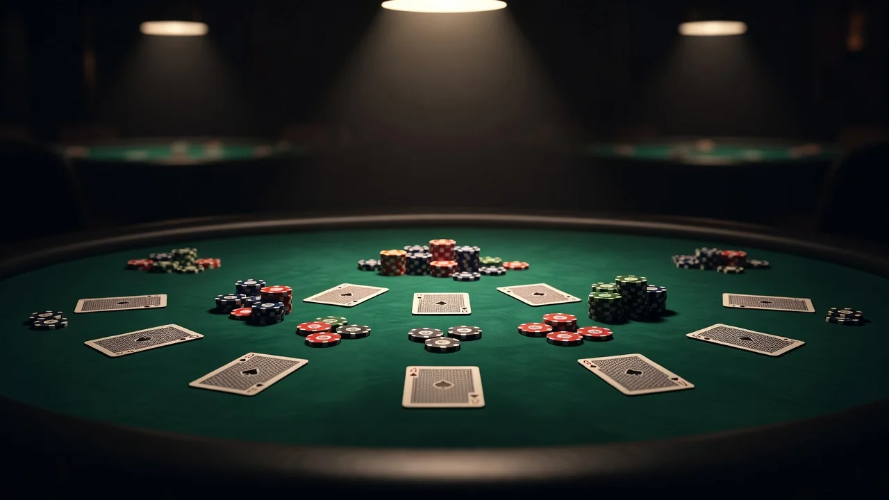 Face-down cards and chips on a deep green baccarat table