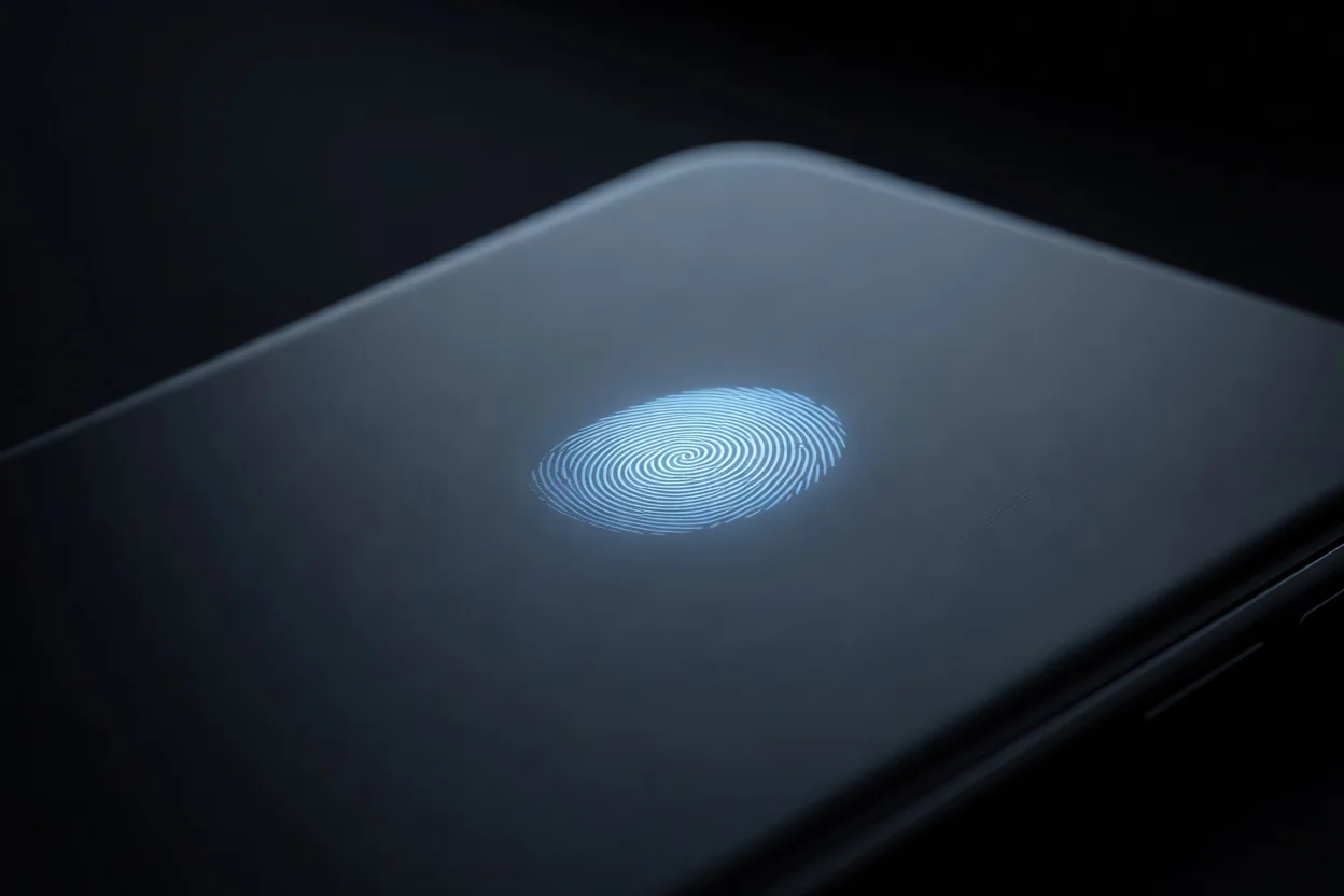 A glowing fingerprint sensor on the back of a smartphone, close-up in the dark