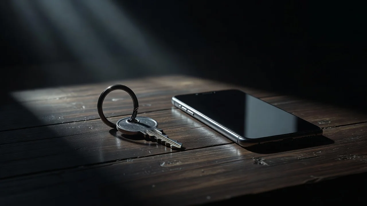 A small metallic key and keychain next to a smartphone on a wooden desk
