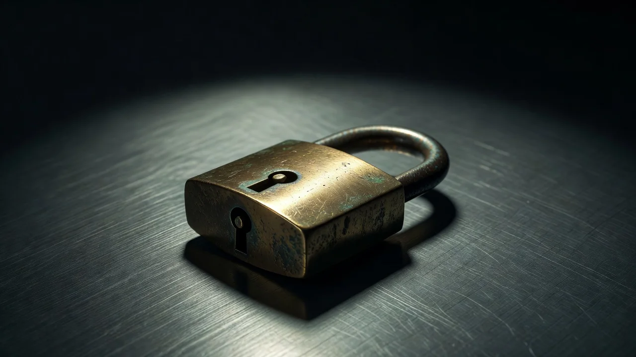A heavy brass padlock on dark brushed metal under a single spotlight