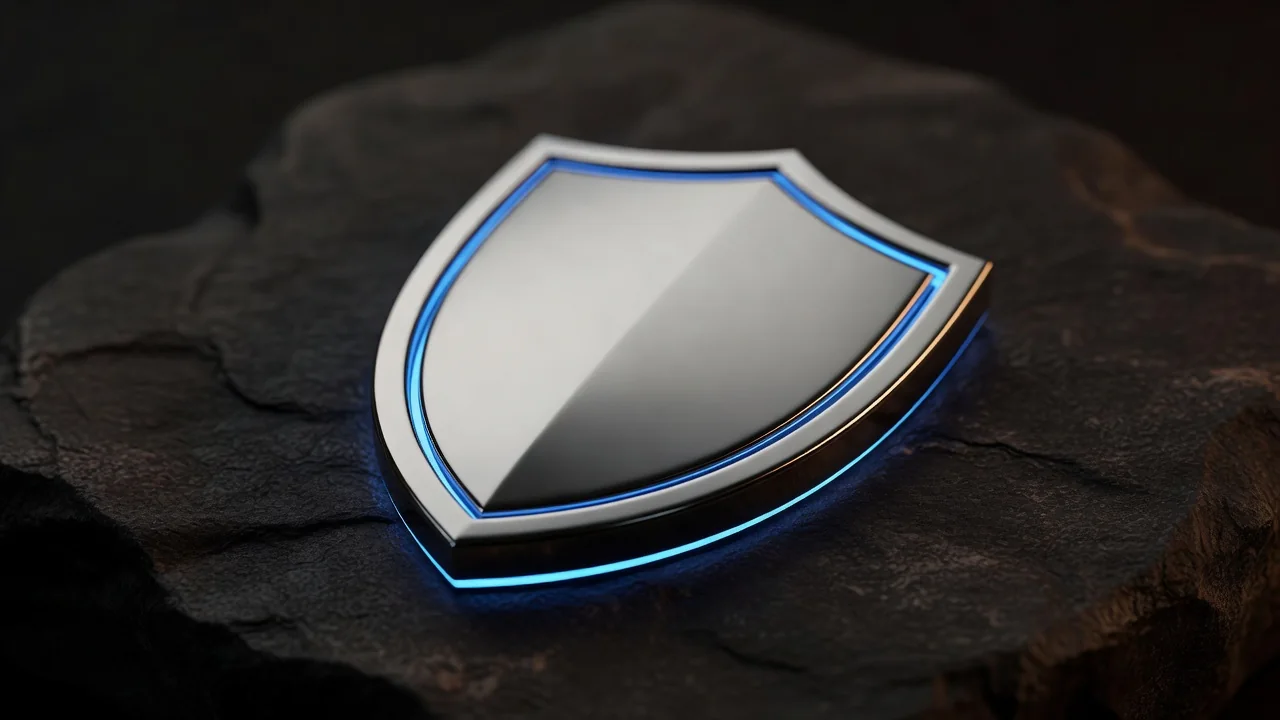A polished metallic shield emblem on a dark stone surface, blue rim light