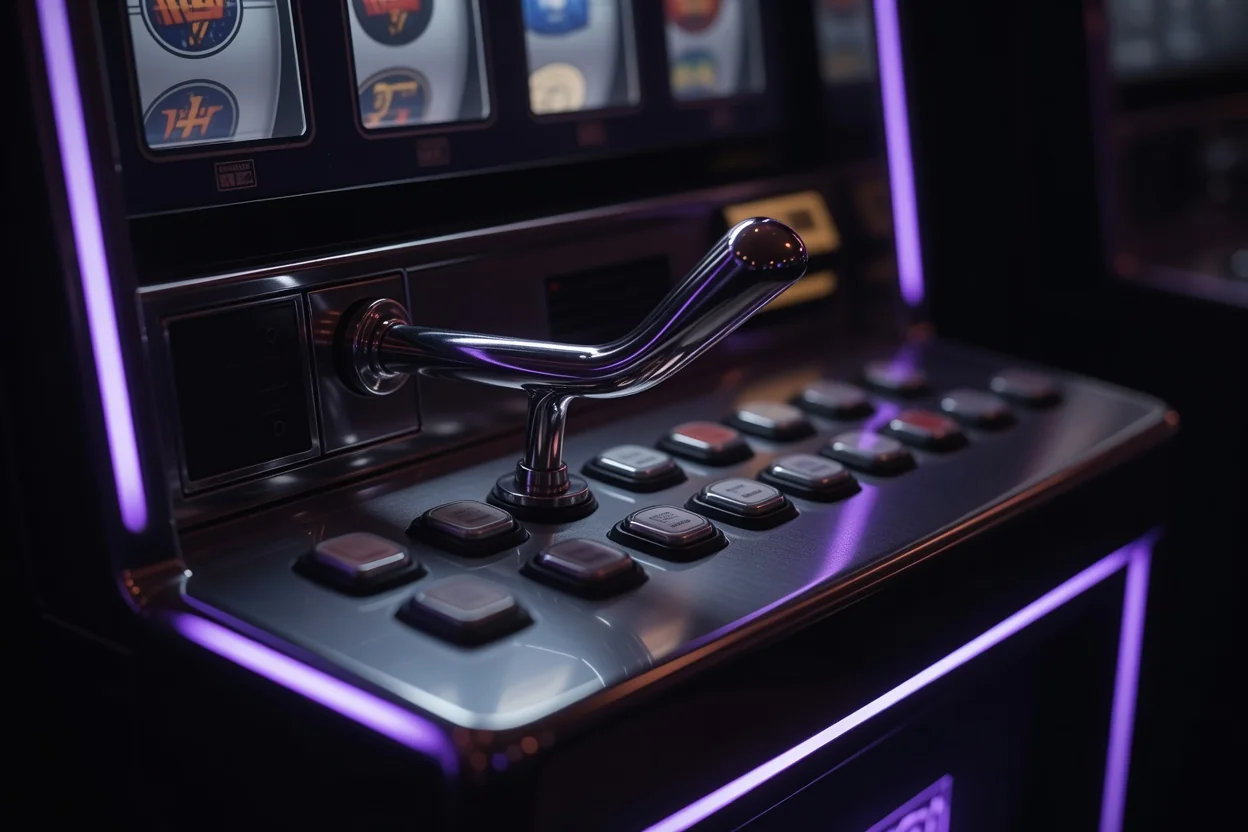 A slot machine lever and buttons in macro, purple neon glow