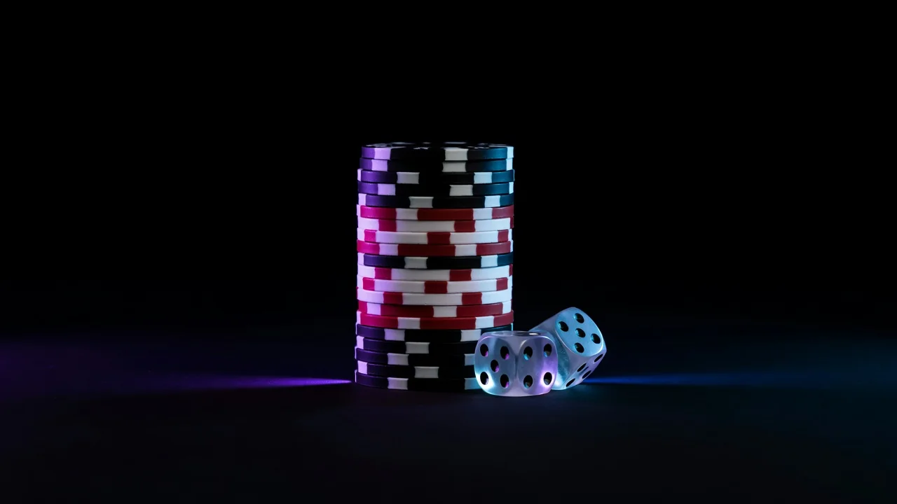 A stack of casino chips with two dice beside, purple and blue rim light