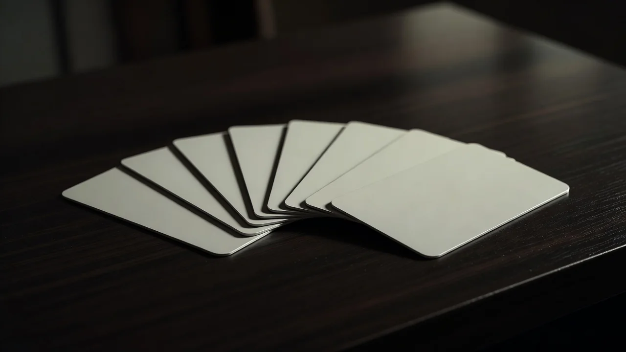 Several blank bank cards fanned on a dark desk, macro