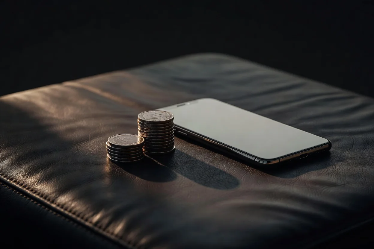 A stack of coins next to a smartphone on dark leather, warm side light