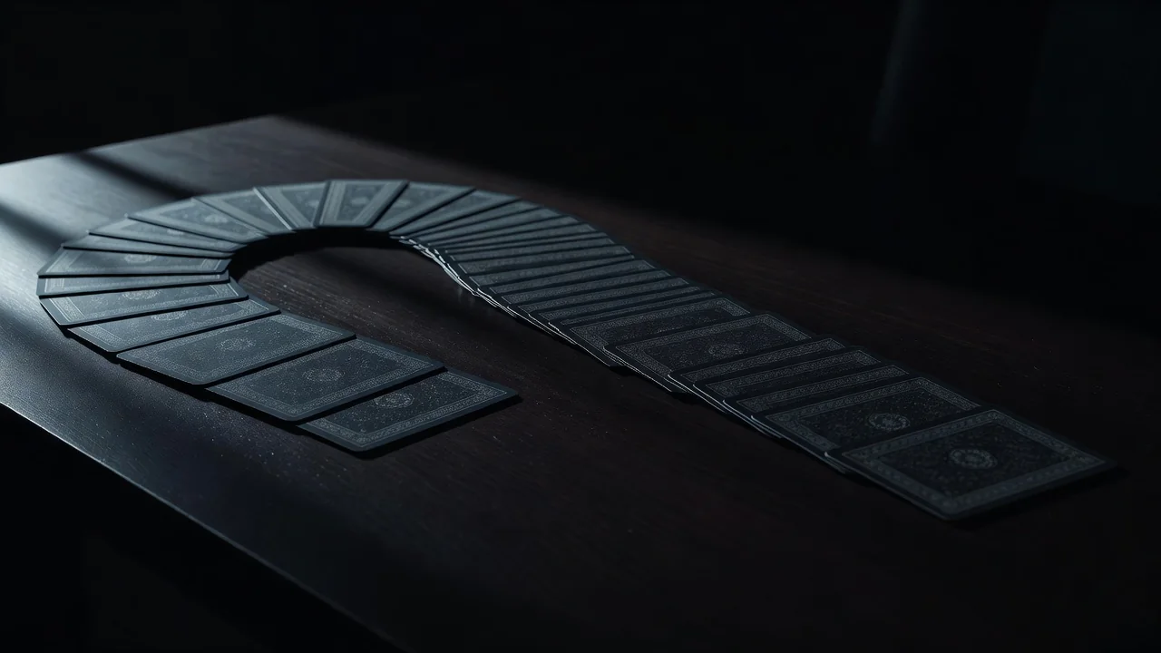 A deck of playing cards ribbon-spread face-down on a dark table