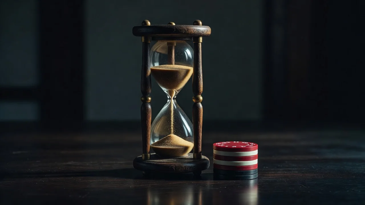 An hourglass with running sand beside a small stack of casino chips