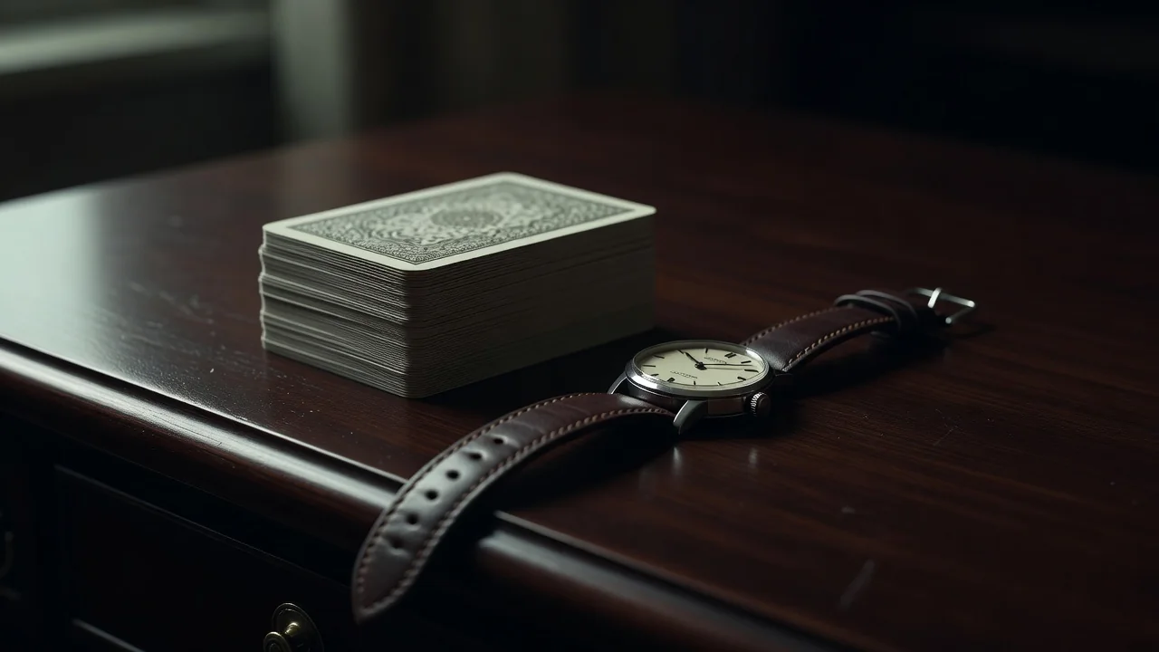 Playing cards stacked neatly beside a classic wristwatch on a desk