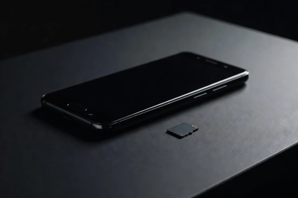 Android smartphone next to a memory card on a dark table surface