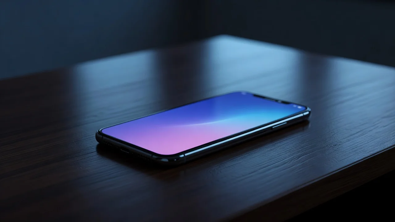 Modern smartphone lying on a dark wooden desk under soft blue ambient light