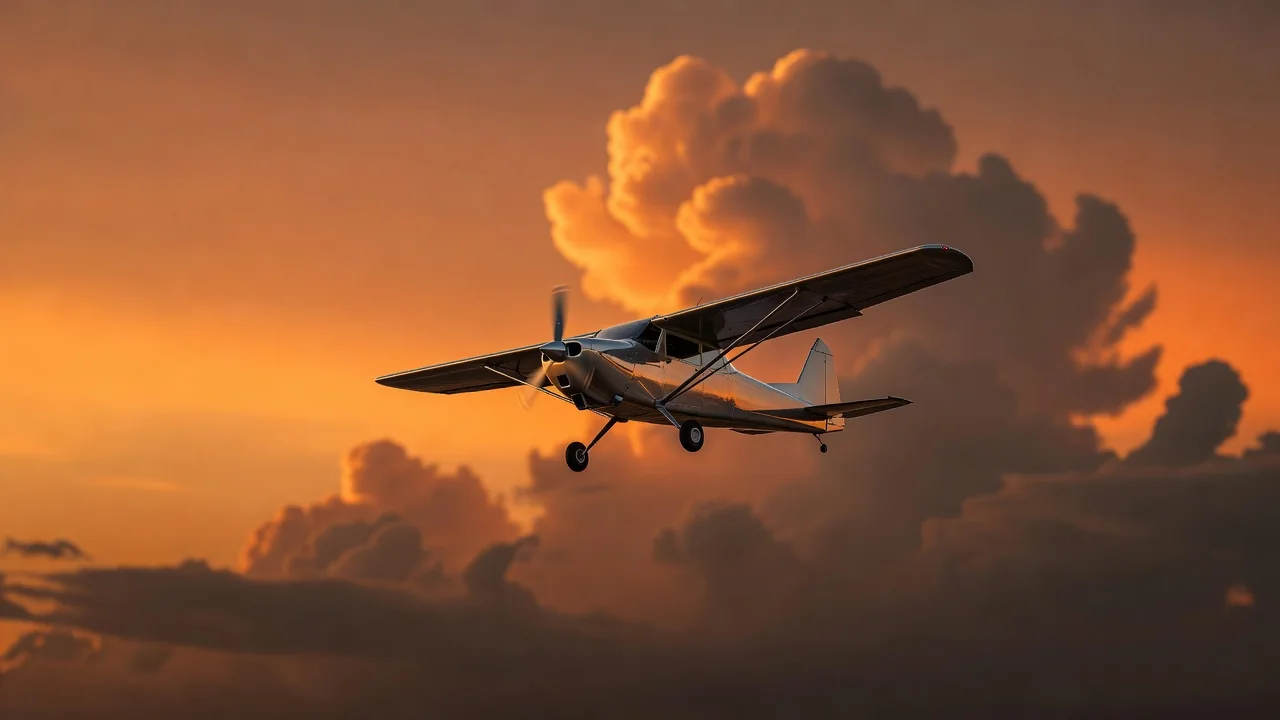 Small propeller airplane flying through an orange evening sky