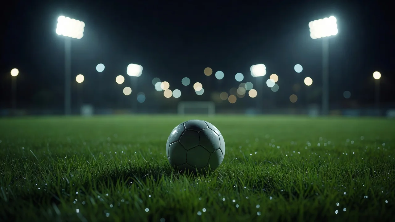 Football on a floodlit pitch at night with shallow depth of field
