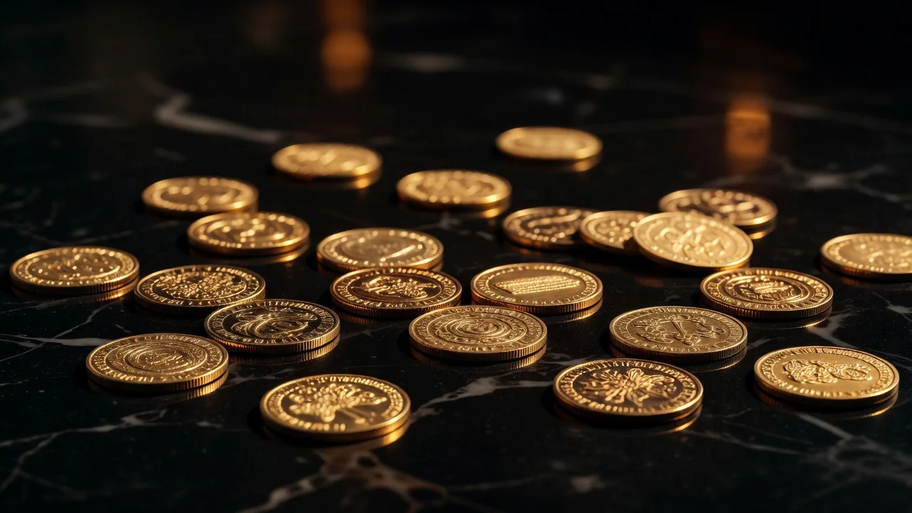 Golden coins scattered on a dark glossy surface with warm reflections