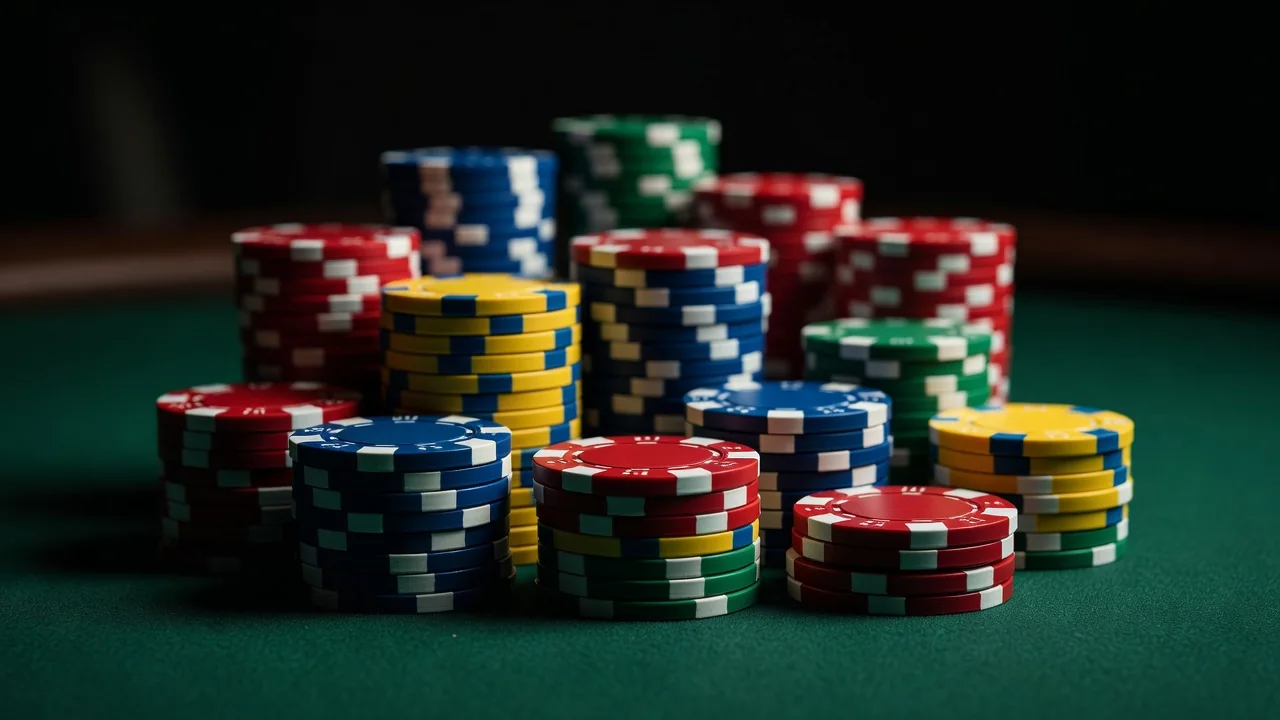 Colourful casino chips stacked on a green felt table