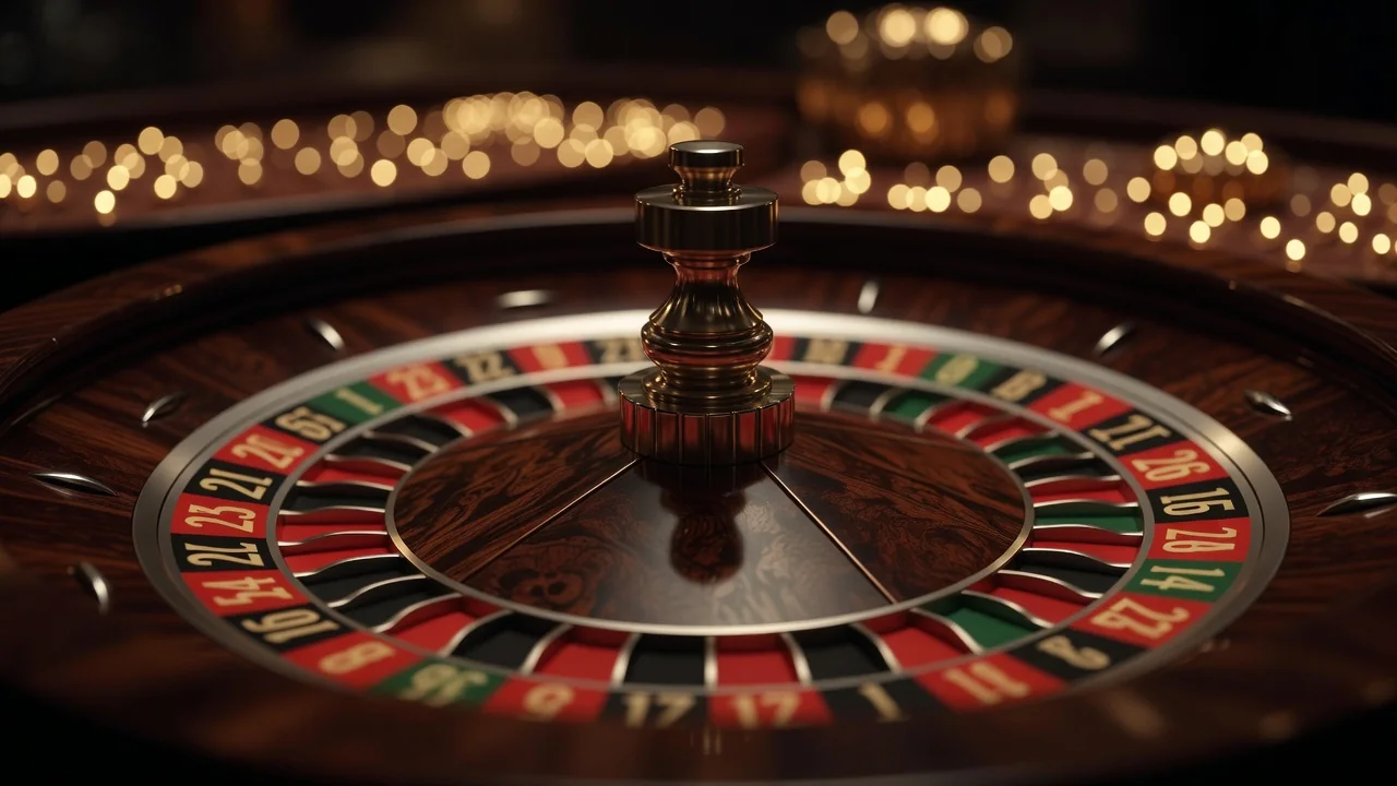 Roulette wheel in close-up with golden bokeh lights in the background