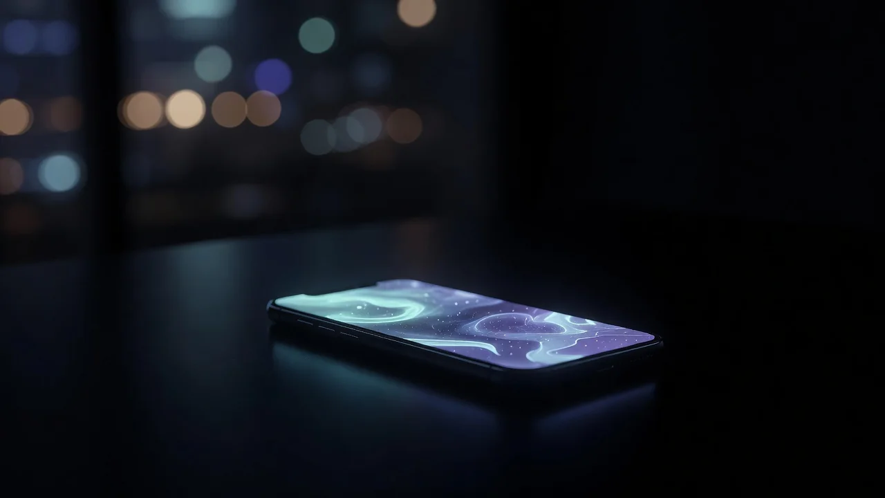 Close-up of a smartphone lock screen glowing in a dark room