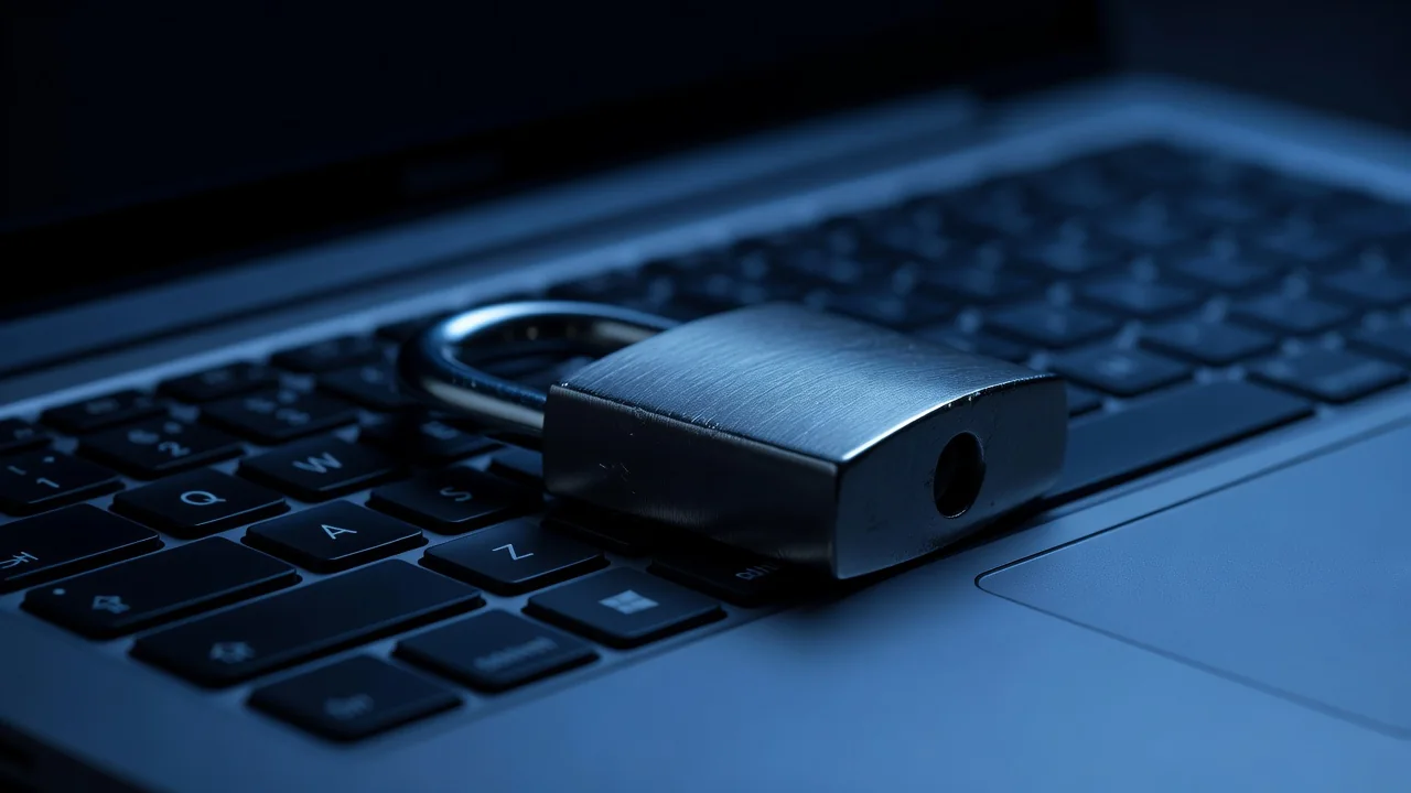 Metal padlock resting on a laptop keyboard in dark blue light