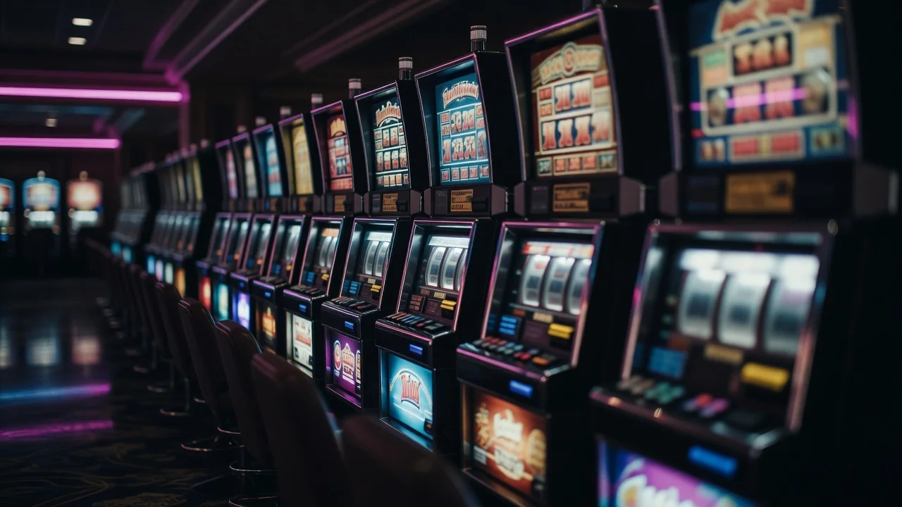 Row of glowing slot machines in a dark casino hall