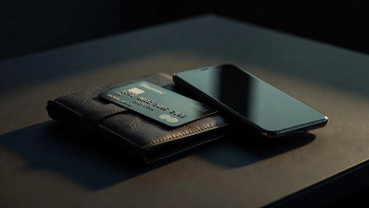 Bank card and smartphone resting on a dark leather wallet