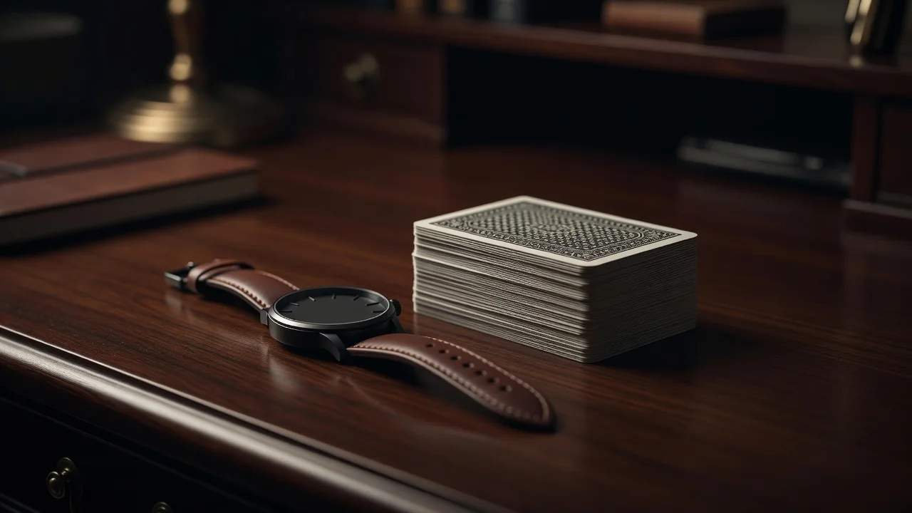 Wristwatch and playing cards on a desk in soft warm light